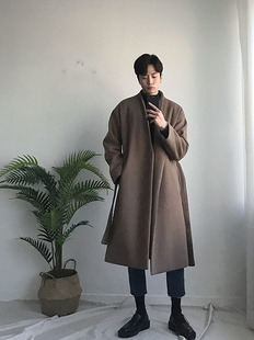 男装东大门韩版长款宽松系带毛呢外套个性气质潮流加厚呢子大衣