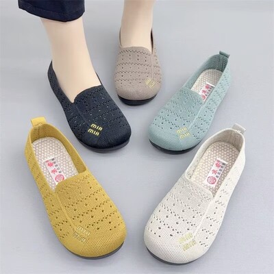 新品夏季一脚蹬老北京布鞋女单鞋镂空飞织透气网面平底鞋网眼舒适