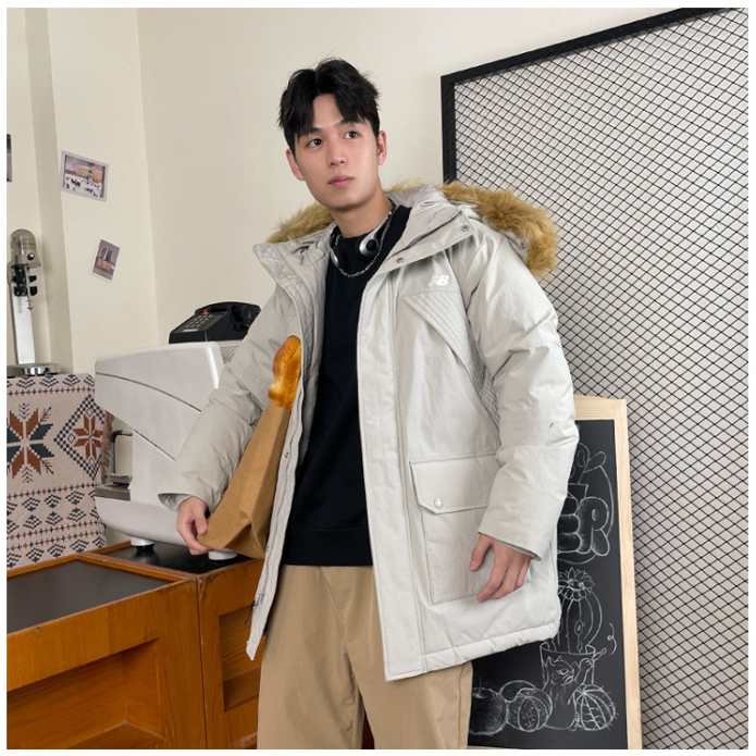 NB 2025秋季新款男款连帽中长款羽绒服休闲保暖运动服AMJ34323