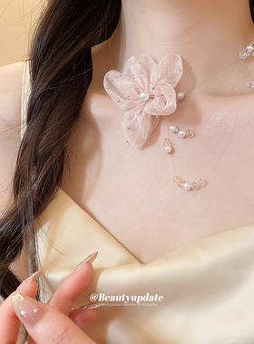 仙气欧根纱花朵珍珠新款锁骨链