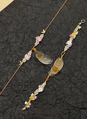 新中式猫咪花朵编织毛衣链百搭