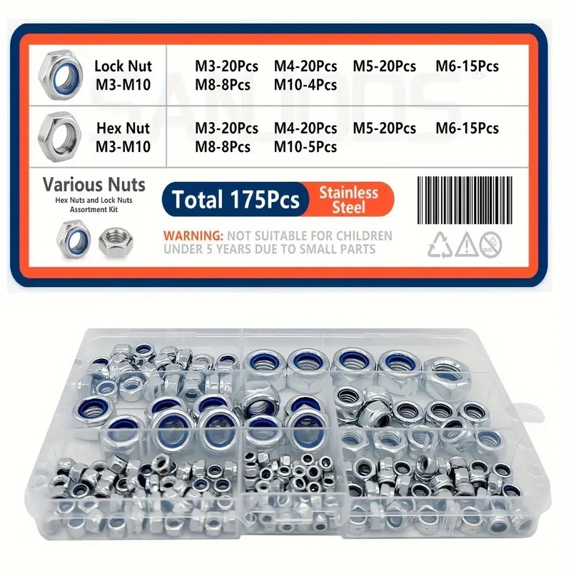 代贴标签175PCS不锈钢锁紧螺母和4.8级金属六角螺母套件盒装M3-
