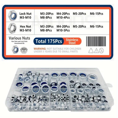 代贴标签175PCS不锈钢锁紧螺母和4.8级金属六角螺母套件盒装M3-