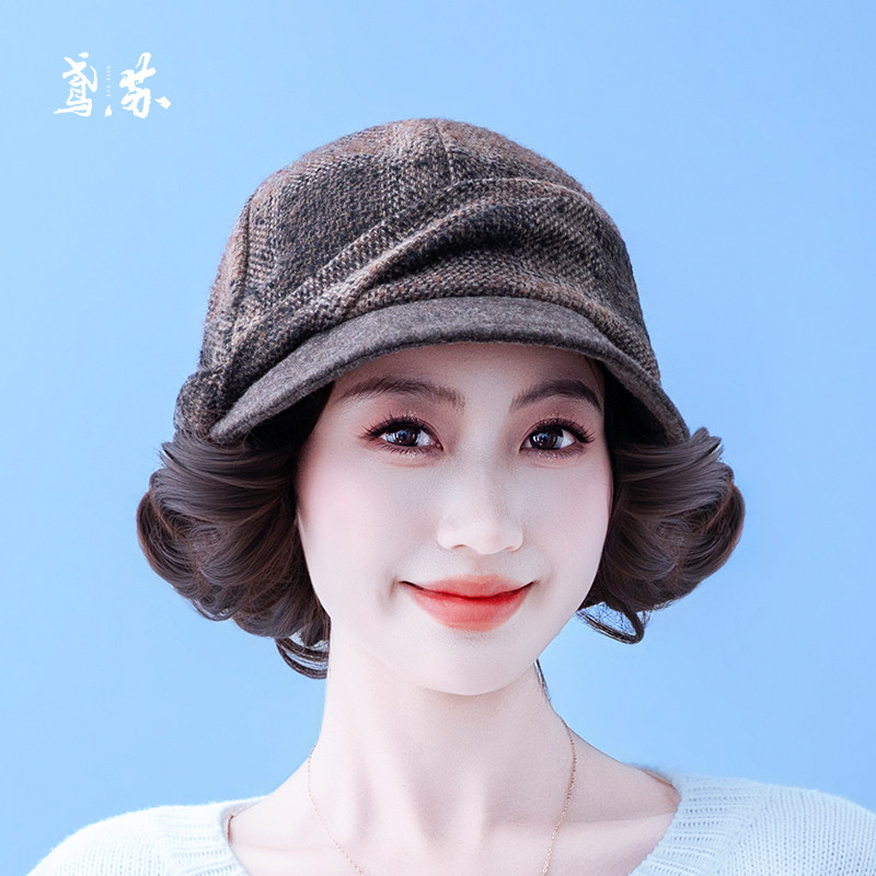 中老年妈妈短卷发可拆一体假发帽图片