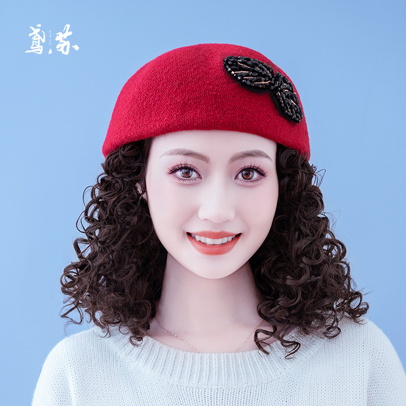 韩版水钻蕾丝毛呢贝雷帽女帽