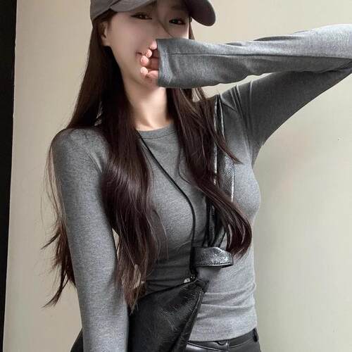 辣妹灰色长袖修身显瘦T恤女
