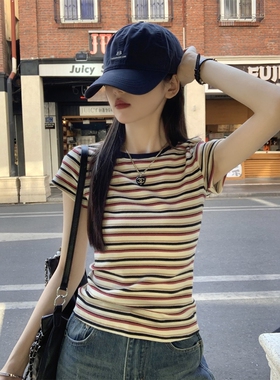 美式复古撞色条纹内搭短袖T恤女2026夏季设计感正肩修身打底上衣