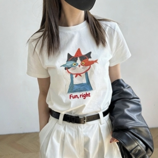 童趣印花短袖 圆领白色减龄显瘦设计感小众纯棉正肩上衣 T恤女夏季