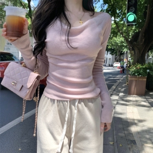 超好看软糯内搭打底衫 上衣 新款 韩系粉色纯欲一字肩针织毛衣女春装