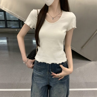 修身 韩系U领木耳边短袖 T恤女2026夏季 新款 正肩上衣 小个子百搭短款
