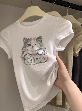 流行修身正肩上衣女生学院风2026年夏季显白小猫印花圆领短袖t恤