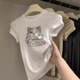 显白小猫印花圆领短袖 流行修身 正肩上衣女生学院风2026年夏季 t恤