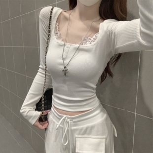 早春秋季方领女上衣蕾丝拼接长袖T恤女辣妹白色修身打底衫女内搭