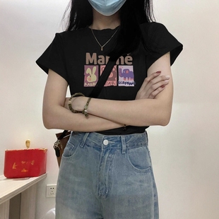 显瘦小个子印花体恤上衣 黑色正肩短袖 t恤女夏季 2025新款 纯棉修身