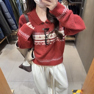 费尔岛风红色提花翻领毛衣女打底软糯宽松韩系复古针织衫 秋冬外套