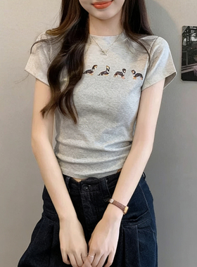 灰色圆领美式正肩短袖T恤女2026春夏季新款独特小众印花修身上衣