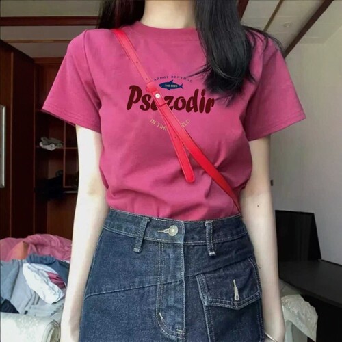 卡通图案印花玫红色学院风小上衣