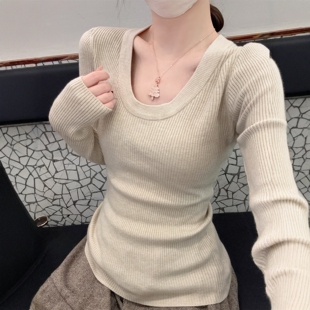 法式别致2026春秋冬季修身辣妹u领坑条打底毛衣女内搭针织衫上衣