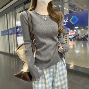 毛衣女款 2026春秋季 内搭打底衫 女灰色修身 温柔韩系风木耳边针织衫