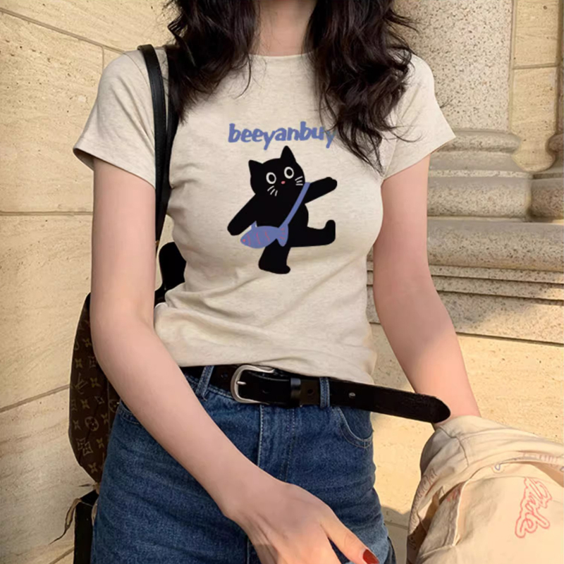 美式辣妹风灰色猫咪正肩短袖t恤女2025新款纯棉修身白色上衣夏季