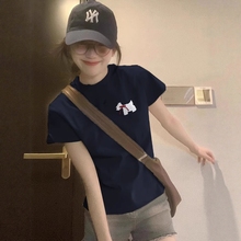 藏蓝色圆领短袖t恤女夏季新款韩系小众设计感小个子辣妹短款上衣