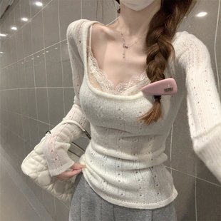 叠穿打底上衣 修身 秋冬韩系设计感方领打底衫 女皮草内搭镂空针织衫