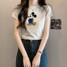 灰色正肩修身短袖T恤女夏季ins可爱米奇印花韩系百搭显瘦短款上衣