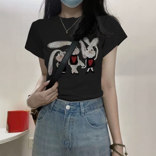 t恤女夏季 兔子体恤别致气质上衣设计感小众 复古正肩黑色短袖 美式