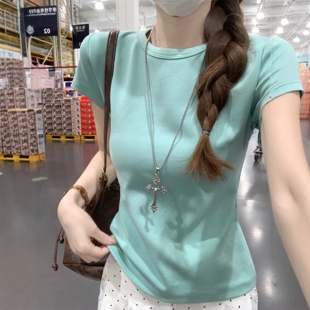 正肩纯棉短袖 夏季 2026超火减龄圆领简约修身 美式 上衣 T恤女打底衫