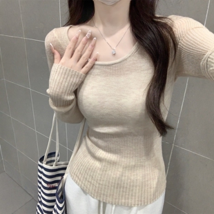 女miu系春装 纯欲风低圆领薄款 上衣 内搭毛衣打底衫 针织衫 修身 长袖