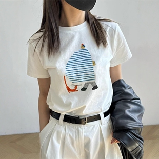 修身 卡通印花短袖 T恤女2026夏季 新款 正肩减龄休闲风上衣 圆领美式