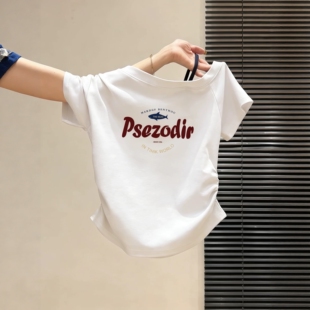 美式 T恤女夏季 2026修身 收腰褶皱纯棉白色斜肩小上衣 字母印花短袖