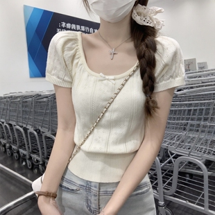 女夏季 针织短袖 方领泡泡袖 上衣 蝴蝶结镂空修身 显瘦打底衫 新款 法式