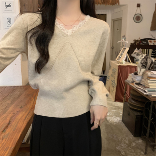 春秋冬韩系穿搭v领蕾丝拼接松驰感别致内搭针织衫 打底女毛衣外套