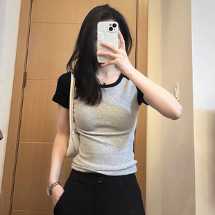 bm风撞色美式正肩短袖t恤女2025新款夏季灰色设计感小众上衣女ins
