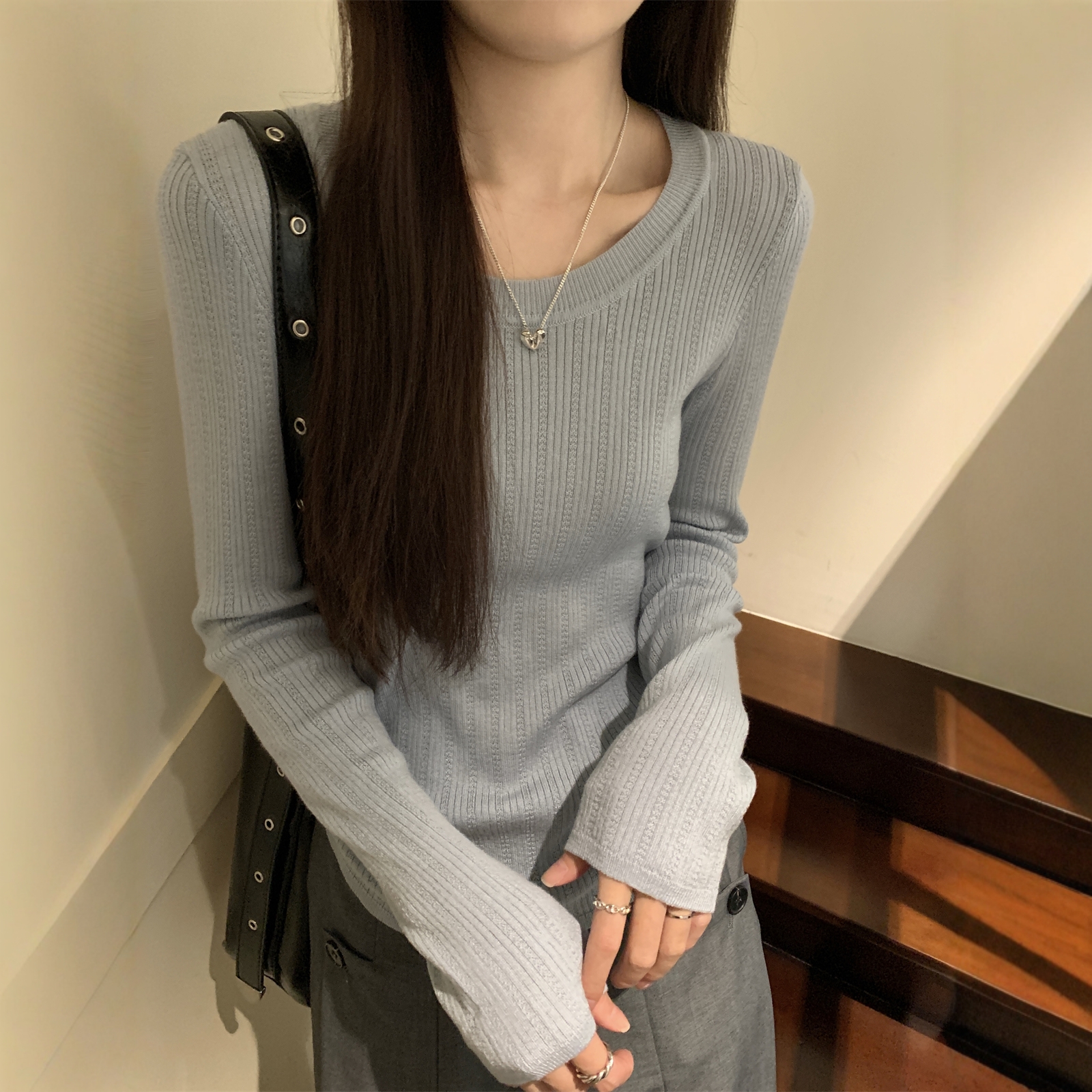 韩系低圆领麻花针织衫女长袖