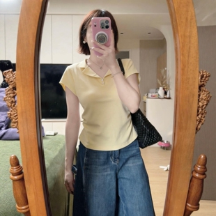 法式 T恤女2026夏季 新款 奶黄色正肩高级感独特漂亮上衣 polo领短袖