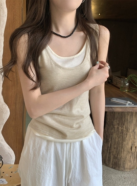 夏季韩系穿搭盐系u领撞色假两件轻薄款针织衫t恤女无袖背心上衣服
