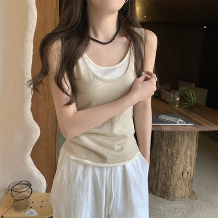夏季韩系穿搭盐系u领撞色假两件轻薄款针织衫t恤女无袖背心上衣服