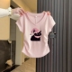 v领修身 小上衣女生夏季 显瘦短款 t恤粉色小猫印花纯棉正肩抽褶短袖