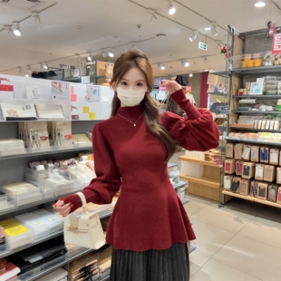 韩式半高领灯笼袖红色针织衫收腰修身打底毛衣女内搭春秋冬季上衣
