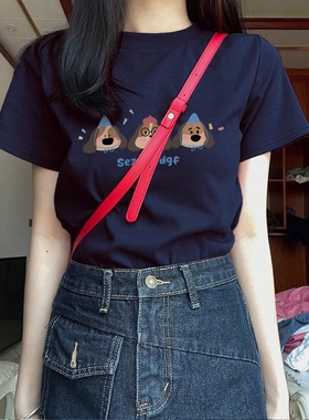 藏蓝色纯棉正肩短袖t恤女设计感小众印花打底显瘦纯棉夏日小上衣