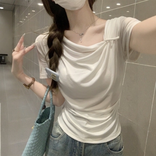 修身 小众设计感褶皱上衣 T恤女夏季 2026超火减龄白色荡领扭结短袖