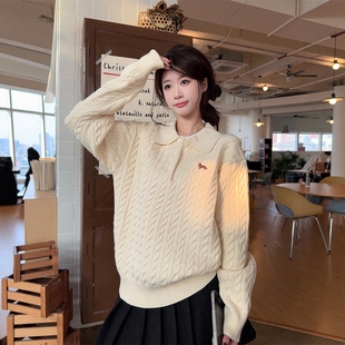 韩系学院风polo领腊肠狗刺绣毛衣女秋冬针织衫 打底内搭miu系上衣