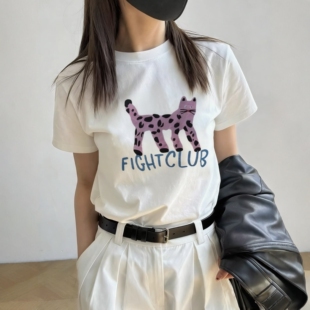 百搭小个子显瘦夏季 T恤女白色修身 上衣 复古卡通印花正肩短袖 美式