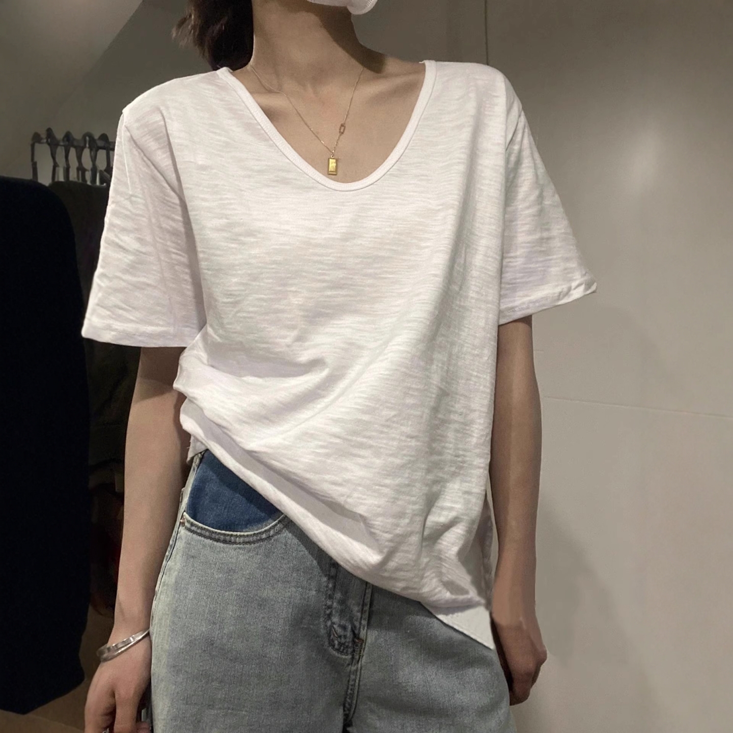 竹节棉V领短袖T恤女夏季薄款
