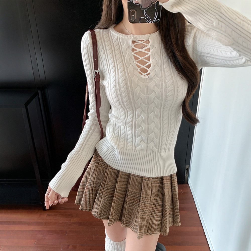 法式设计感交叉绑带镂空麻花针织衫女修身春秋冬季打底毛衣女内搭