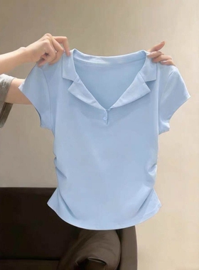 法式polo领短袖T恤女2026夏季新款奶蓝色正肩高级感独特漂亮上衣