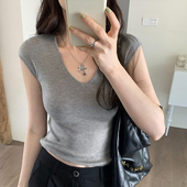 t恤女2026夏季 深V领针织上衣短款 新款 修身 灰色短袖 背心款 薄款 无袖