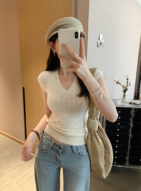 独特坎肩无袖针织衫背心女夏季设计感修身miu系V领上衣女打底内搭